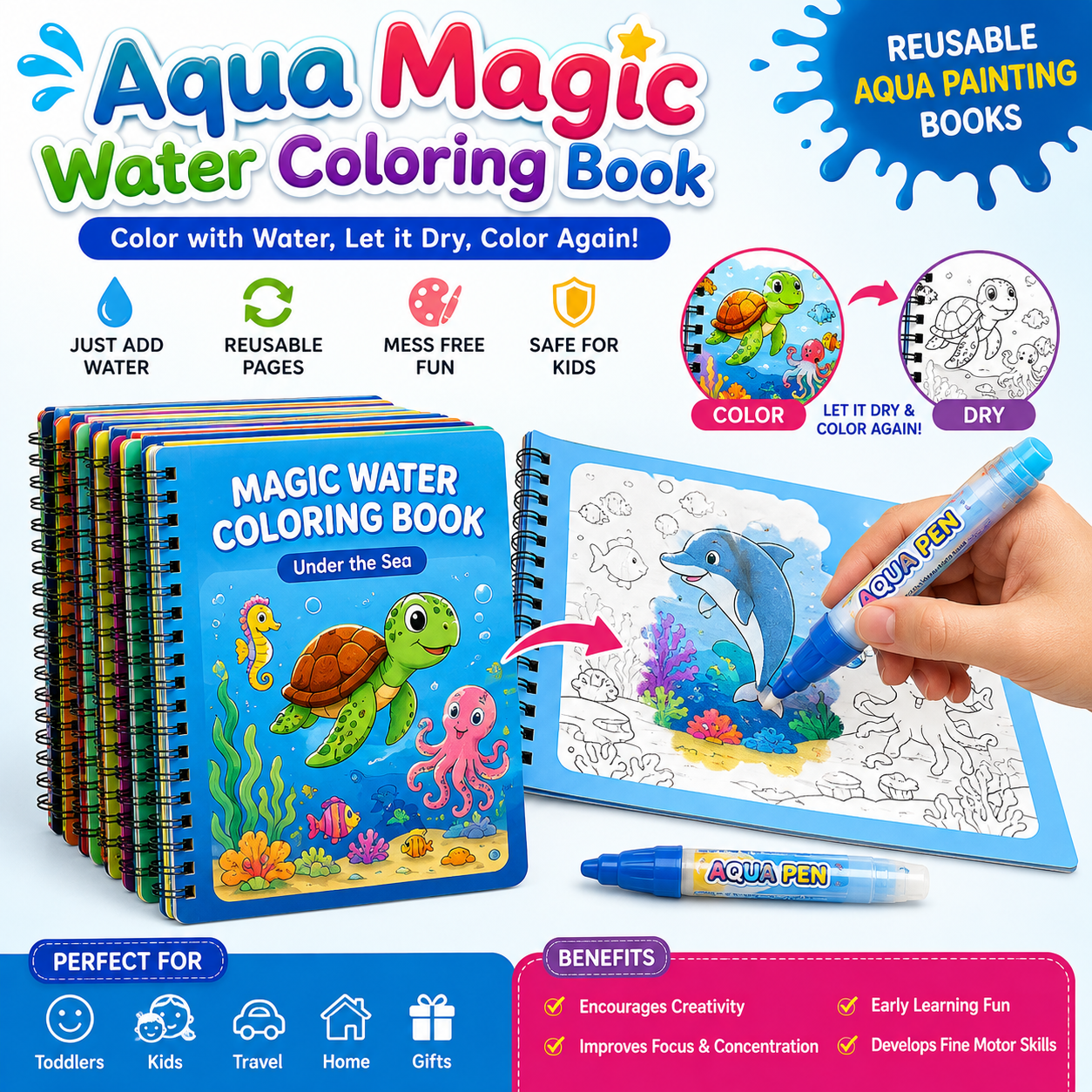 GLOBALPIVOTS - Water Magic Reusable Color & Paint Book with Water Pen for Toddlers & Kids -      FREE DELIVERY