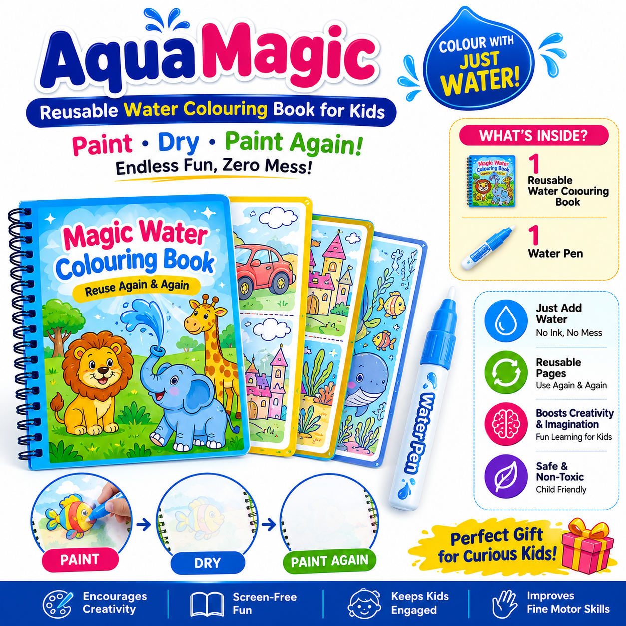GLOBALPIVOTS - Water Magic Reusable Color & Paint Book with Water Pen for Toddlers & Kids -      FREE DELIVERY
