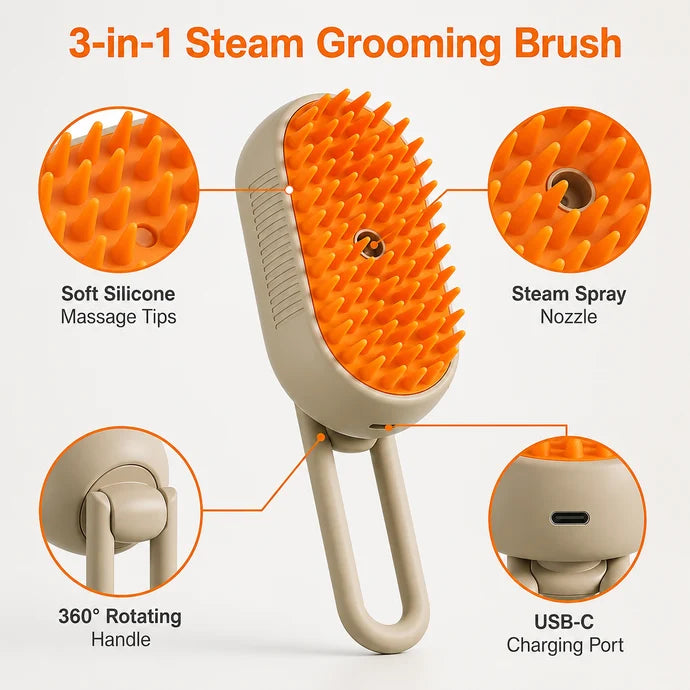 Globalpivots - Brush Steam 3-in-1 Pet Steam Grooming  Brush for Dog/Cat