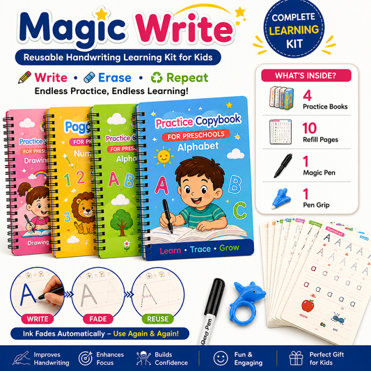 Globalpivots - Magic Write Reusable Kids Learning Book Set (4 Books+10 Refills+1 Pen+1 Grip) ( Pack Of 1 ) -      FREE DELIVERY
