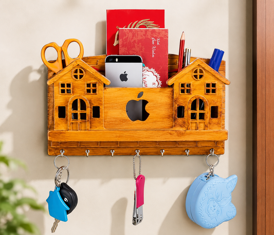 Globalpivots" - Wooden Key Holder, Wall Home Decor Stylish Multipurpose with 3 Pocket, 7 Hook, Mobile Stand for Office, Living Room & Kitchen -     FREE DELIVERY