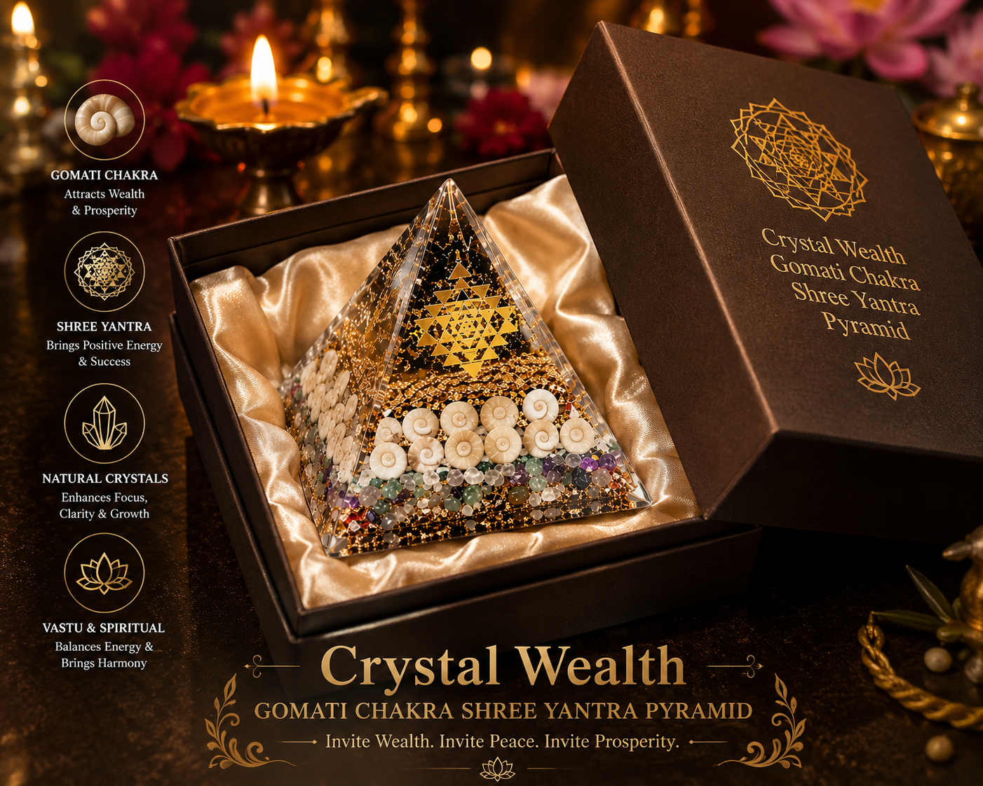 Globalpivots - Crystal Wealth Gomati Chakra Shree Yantra Pyramid